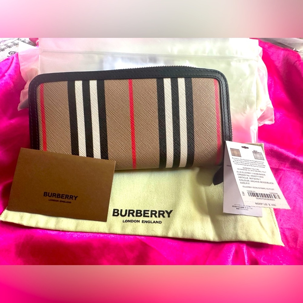 Burberry Ellerby Black Leather Icon Stripe Canvas Zip Around Continental Wallet